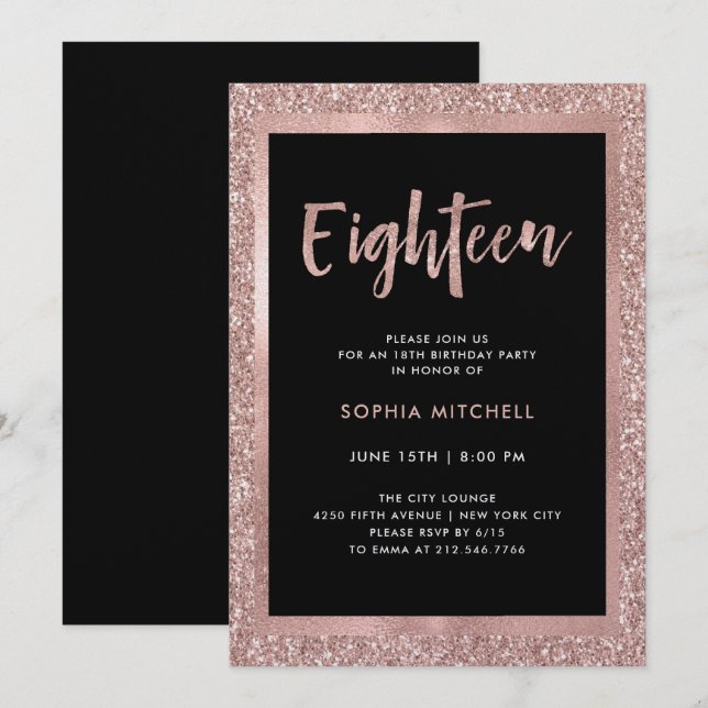 Invitación Faux Rosa Gold Purpurina | 18.ª fiesta de cumpleañ (Anverso / Reverso)