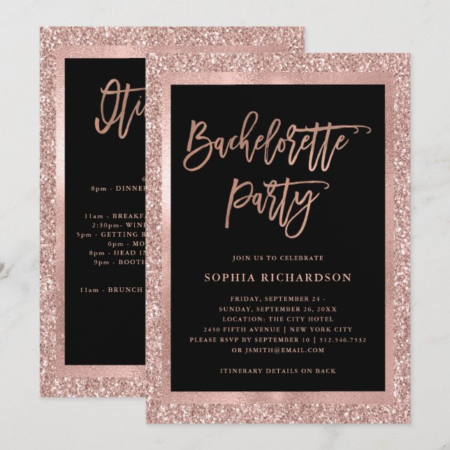 Invitación Faux Rosa Gold Purpurina | Bachelorette Party (Anverso / Reverso)