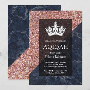 Invitación Faux Rosa Gold Purpurina Blue Marble Aqiqah