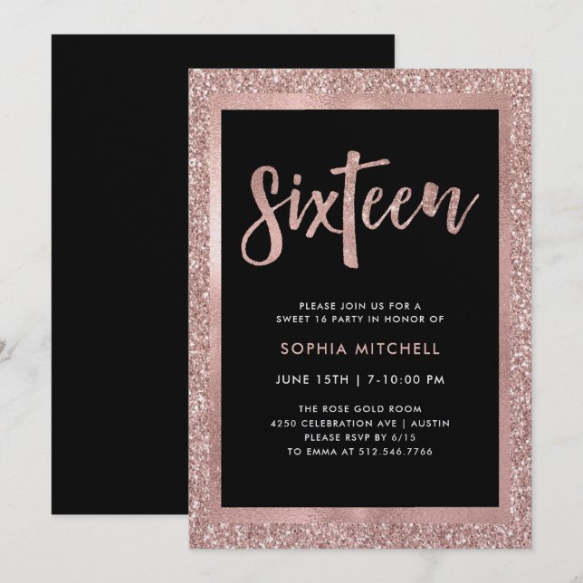 Invitación Faux Rosa Gold Purpurina | Dulce 16 Fiesta (Anverso / Reverso)