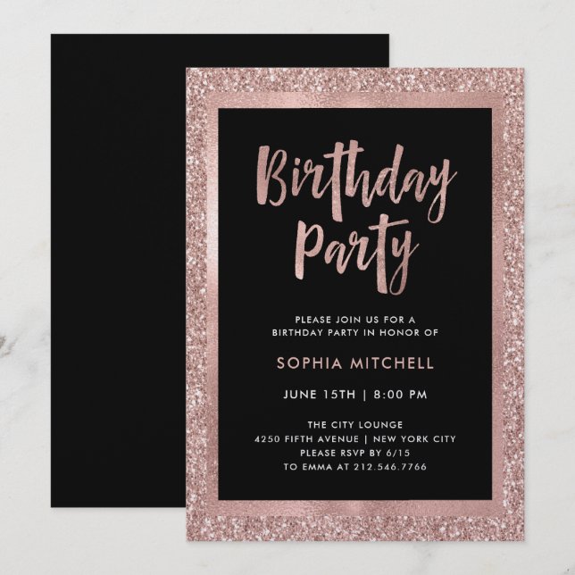 Invitación Faux Rosa Gold Purpurina | Fiesta de cumpleaños (Anverso / Reverso)