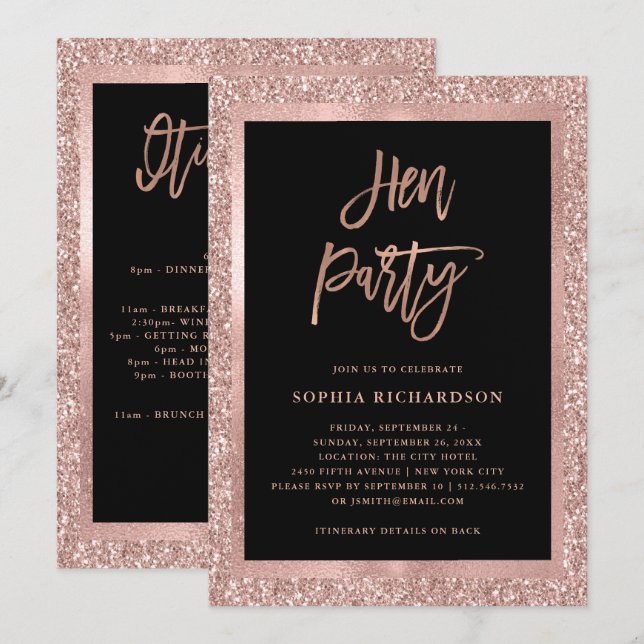 Invitación Faux Rosa Gold Purpurina | Hen Fiesta con Itinerar (Anverso / Reverso)