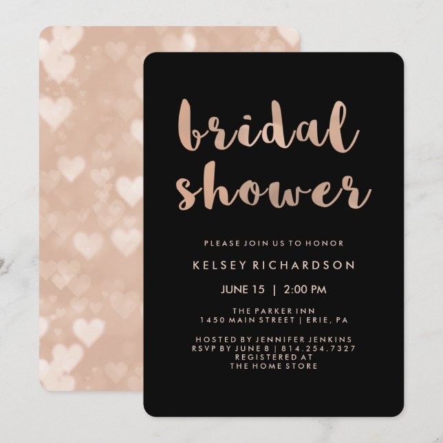 Invitación Faux Rosa Gold y Black Bridal Shower (Anverso / Reverso)