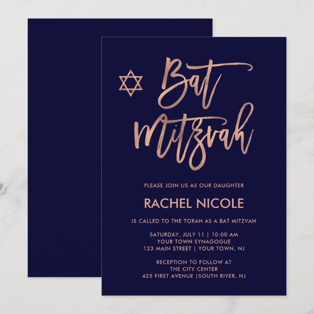Invitación Faux Rosa Gold y Navy Blue | Bat Mitzvah (Anverso / Reverso)