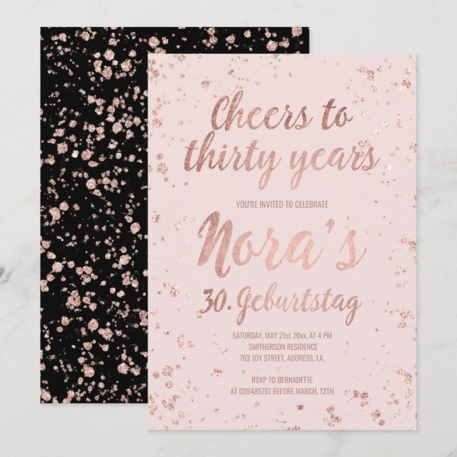 Invitación Faux rosa oro confetti blush treinta y treinta cum (Anverso / Reverso)