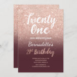 Invitación Faux rosa oro falso purpurina burgundy oscuro 21st<br><div class="desc">Faux rosa purpurina de oro sombrío en burdeos 21 cumpleaños Una moderna invitación de cumpleaños 21 con una invitación moderna, original y sencilla rosa de purpurina de oro y tipografía de pincel de estilo escrito a mano en un fondo de color burdeos totalmente personalizable . Si necesitas algún texto cambiado...</div>