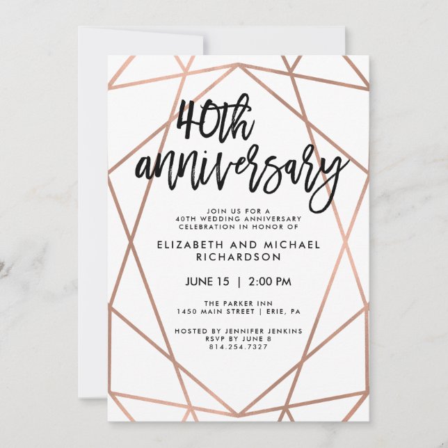 Invitación Faux Rosa Oro Geométrico 40º aniversario Boda (Anverso)