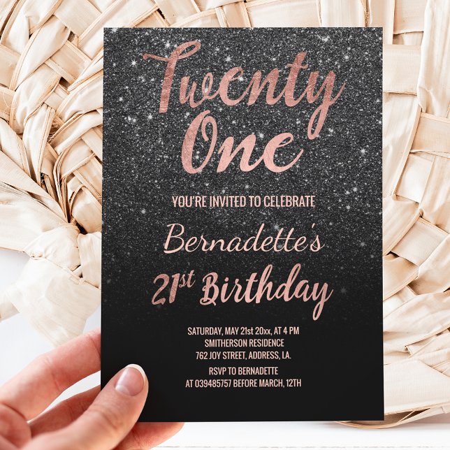 Invitación Faux rosa oro negro falso purpurina 21 cumpleaños (Subido por el creador)