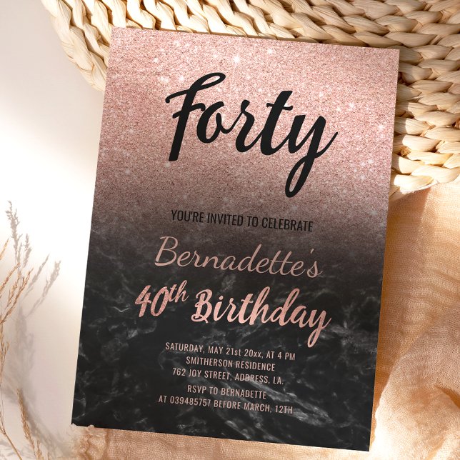 Invitación Faux rosa oro purpurina mármol negro 40 cumpleaños (Subido por el creador)