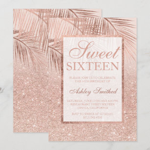 Invitación Faux rosa oro purpurina palmera rubia Sweet 16