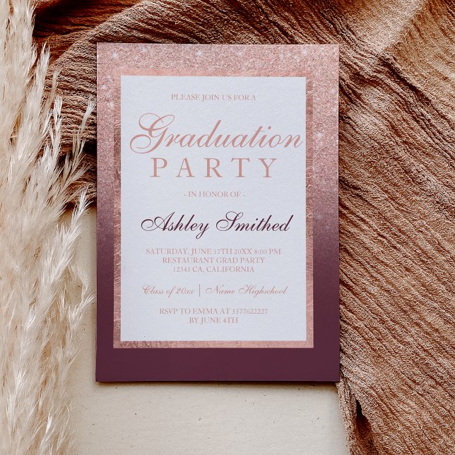 Invitación Faux rosa purpurina de oro burgundy Graduación fie (Subido por el creador)