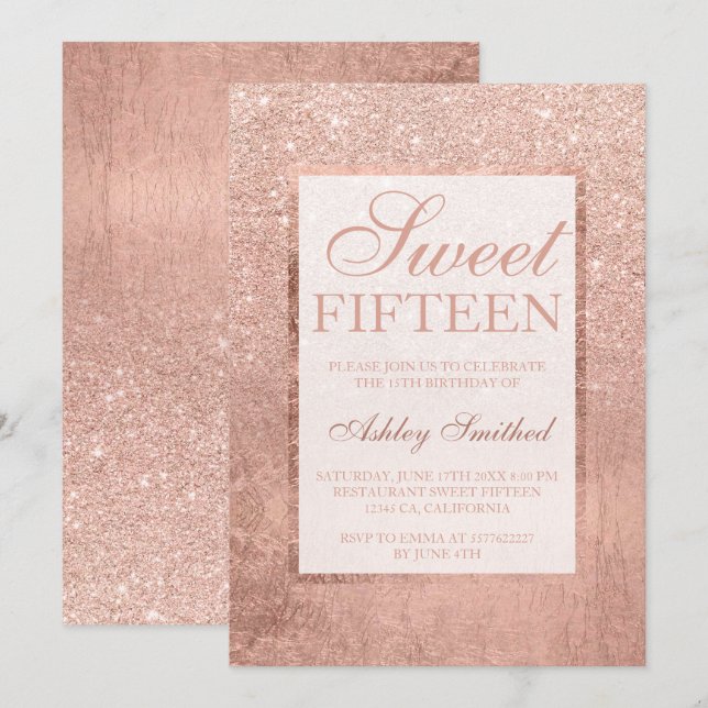 Invitación Faux rosa purpurina de oro hoja elegante moda Swee (Anverso / Reverso)
