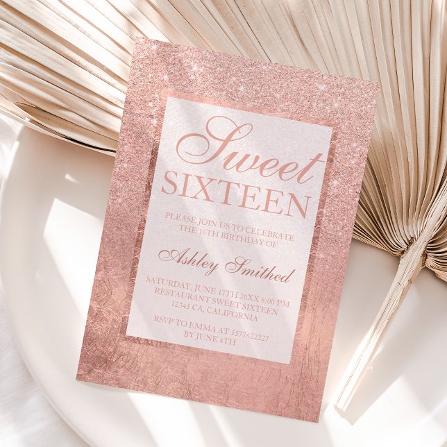 Invitación Faux rosa purpurina de oro hoja elegante moda Swee (Subido por el creador)