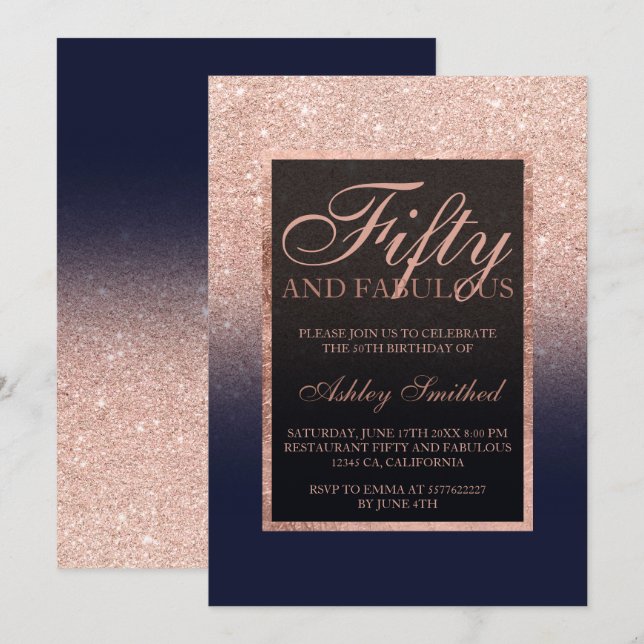 Invitación Faux rosa purpurina de oro marina azul cincuenta f (Anverso / Reverso)