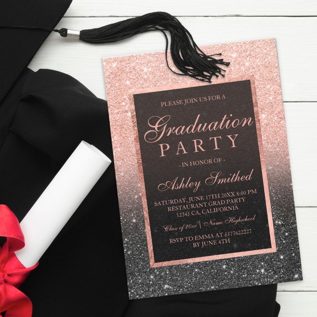 Invitación Faux rosa purpurina de oro negro Graduación fiesta (Subido por el creador)
