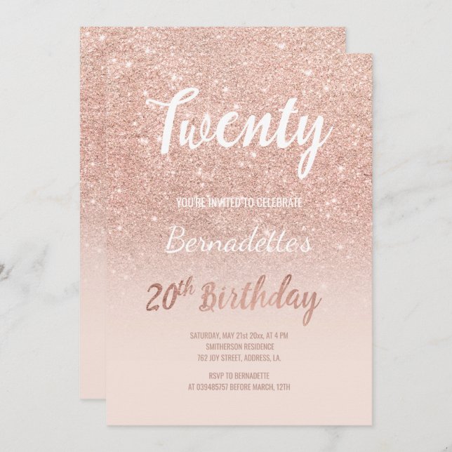 Invitación Faux rosa purpurina de oro sombrío 20 cumpleaños (Anverso / Reverso)