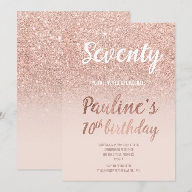 Invitación Faux rosa purpurina de oro sombrío 70 cumpleaños (Anverso / Reverso)