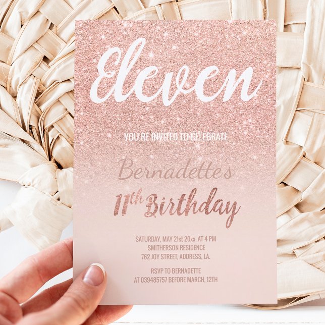 Invitación Faux rosa purpurina de oro sombrío once Cumpleaños (Subido por el creador)