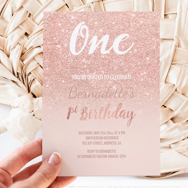 Invitación Faux rosa purpurina de oro sombrío primer cumpleañ (Subido por el creador)