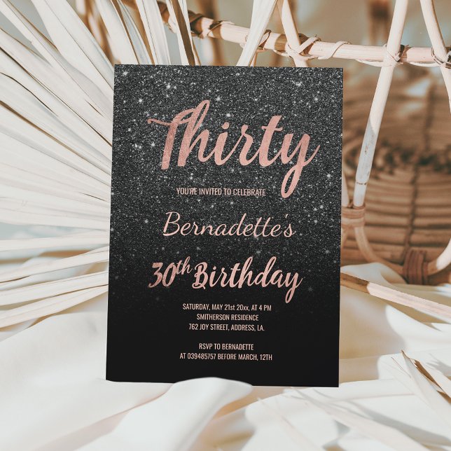 Invitación Faux rosa purpurina negro de oro 30 cumpleaños (Subido por el creador)