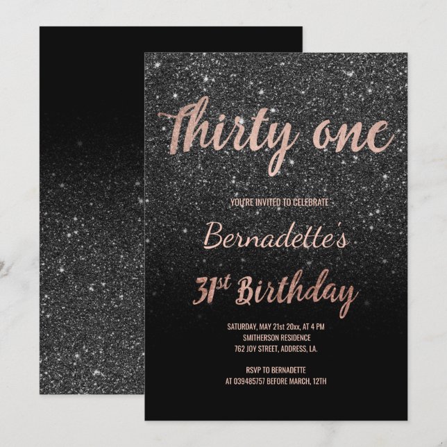 Invitación Faux rosa purpurina negro de oro 31 cumpleaños (Anverso / Reverso)