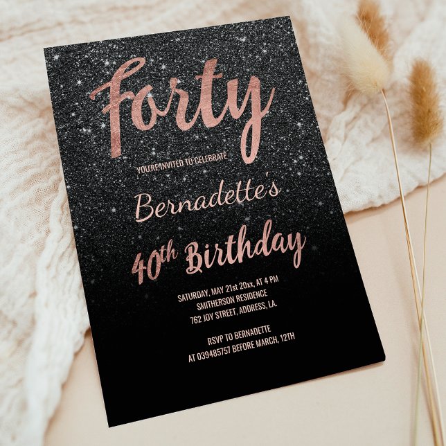 Invitación Faux rosa purpurina negro de oro 40 cumpleaños (Faux rose gold black glitter 40th Birthday Invitation)