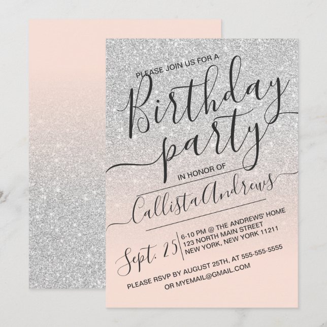 Invitación Faux rosados plateados Purpurina Ombre Cumpleaños (Anverso / Reverso)