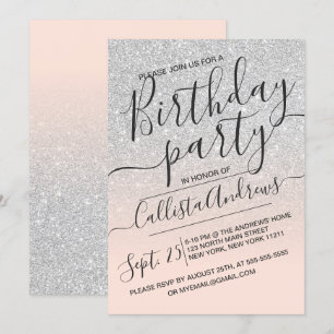 Invitación Faux rosados plateados Purpurina Ombre Cumpleaños