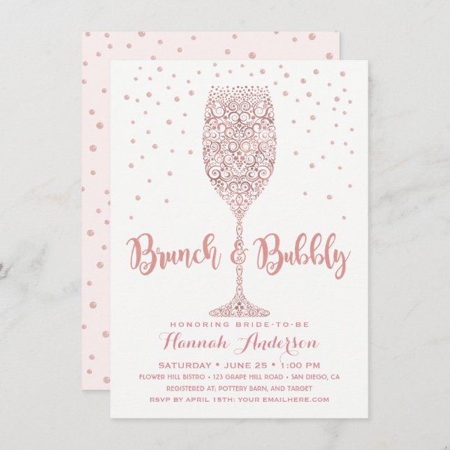 Invitación Faux Rose Gold Brunch & Bubbly Bridal Shower (Anverso / Reverso)