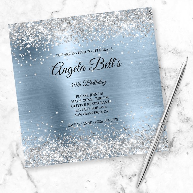 Invitación Faux Shiny Silver Glitter Pale Blue Foil Monogram (Subido por el creador)