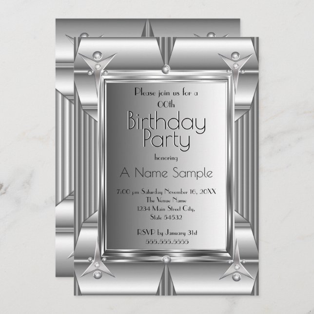 Invitación Faux Silver Chrome Metalizado look Birday Party (Anverso / Reverso)