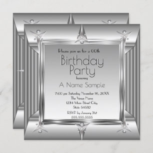 Invitación Faux Silver Chrome Metalizado look Birday Party sq