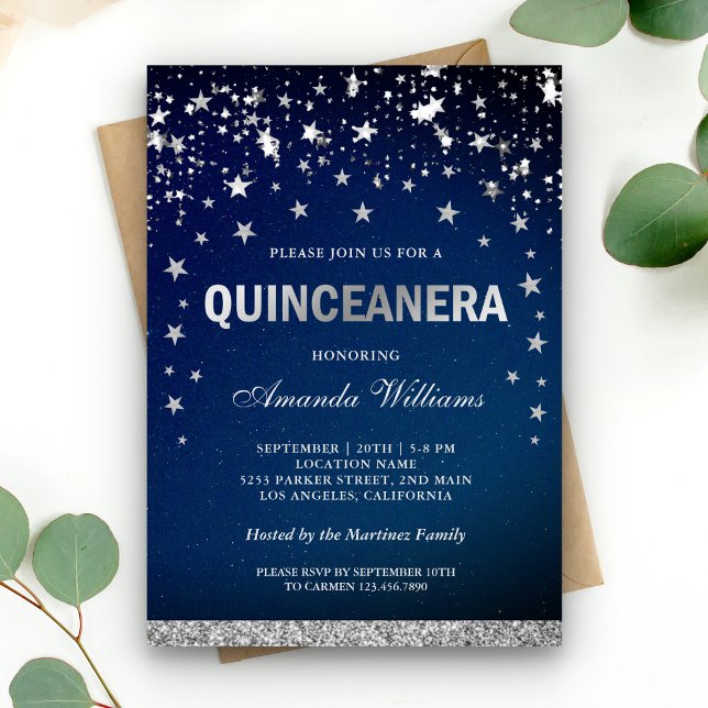 Invitación Faux Silver Glitter Stars Confetti Quinceanera (Subido por el creador)