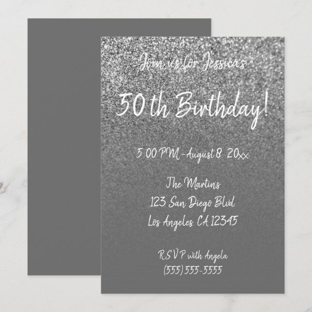 Invitación Faux Silver Purpurina Gray Ombre 50 cumpleaños (Anverso / Reverso)