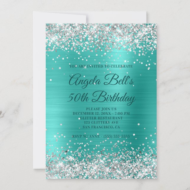 Invitación Faux Silver Purpurina Turquoise Relieve metalizado (Reverso)