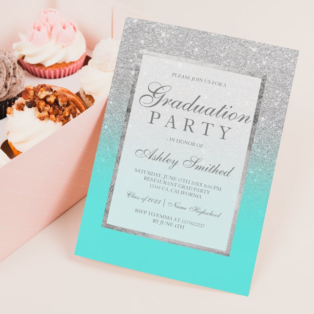Invitación Faux Silver purpurina verde azulado Graduación (Subido por el creador)