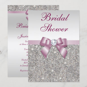 Invitación Faux Silver Secuencia Burgandy Bow Bridal Shower