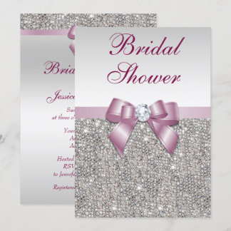 Invitación Faux Silver Secuencia Burgandy Bow Bridal Shower