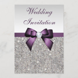 Invitación Faux Silver Secuencia Diamonds Boda Morple Bow