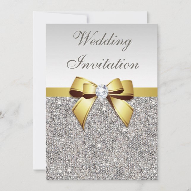 Invitación Faux Silver Secuencia Diamonds Gold Bow Boda (Anverso)
