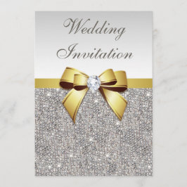 Invitación Faux Silver Secuencia Diamonds Gold Bow Boda