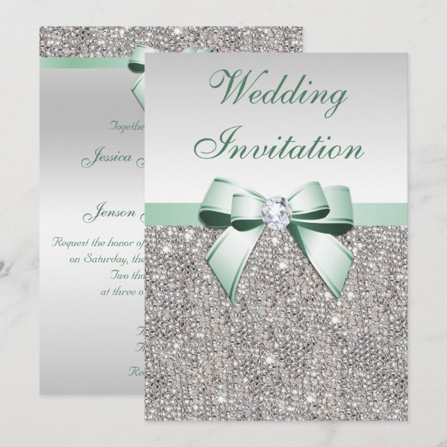 Invitación Faux Silver Secuencia Diamonds Mint Bow Boda (Anverso / Reverso)