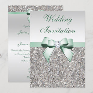 Invitación Faux Silver Secuencia Diamonds Mint Bow Boda
