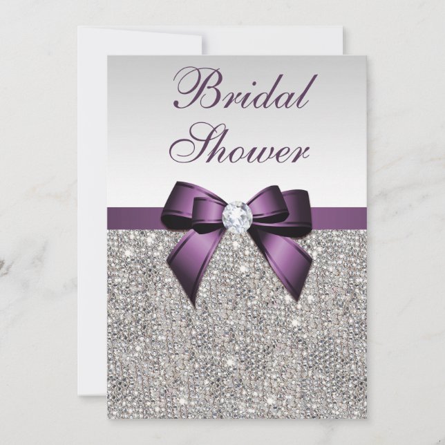 Invitación Faux Silver Secuencia Purple Bow Bridal Shower (Anverso)