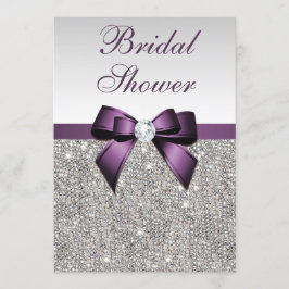 Invitación Faux Silver Secuencia Purple Bow Bridal Shower