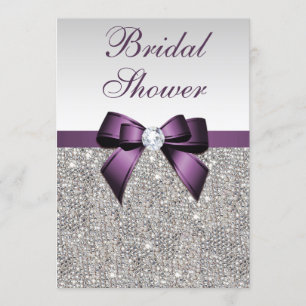 Invitación Faux Silver Secuencia Purple Bow Bridal Shower