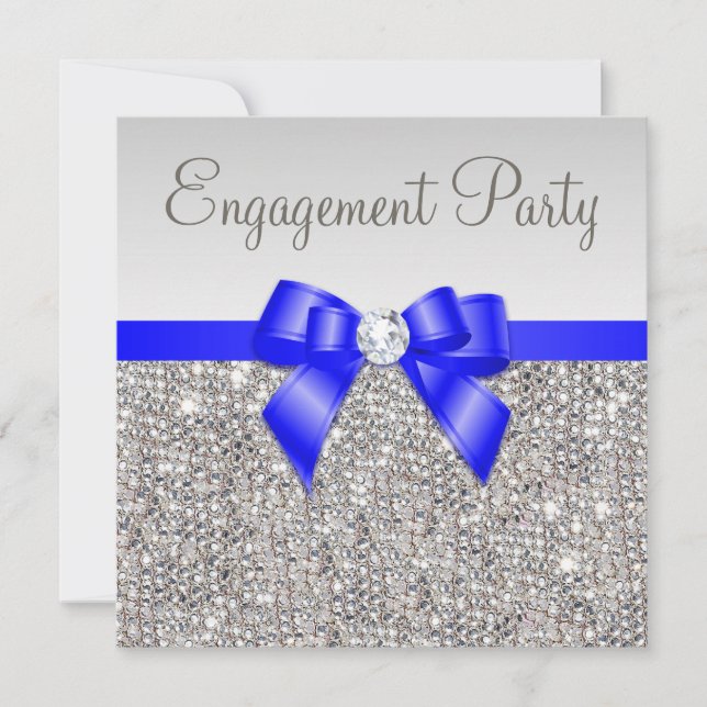 Invitación Faux Silver Secuencia Real Blue Bow Engagement (Anverso)