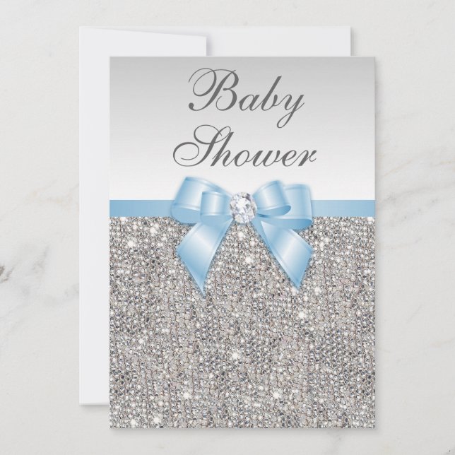 Invitación Faux Silver secuestra Baby Blue Baby Shower (Anverso)