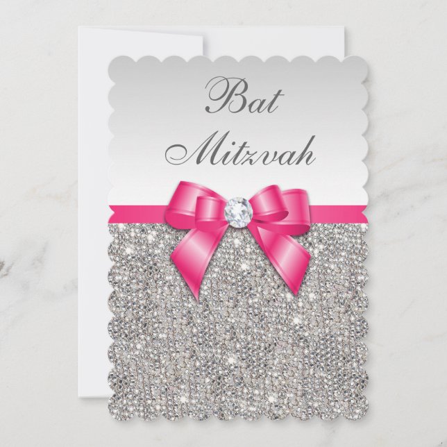 Invitación Faux Silver secuestra el pan rosado caliente Mitzv (Anverso)