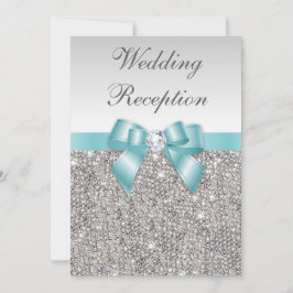 Invitación Faux Silver Secuins Verde azulado Bow Wedding Rece